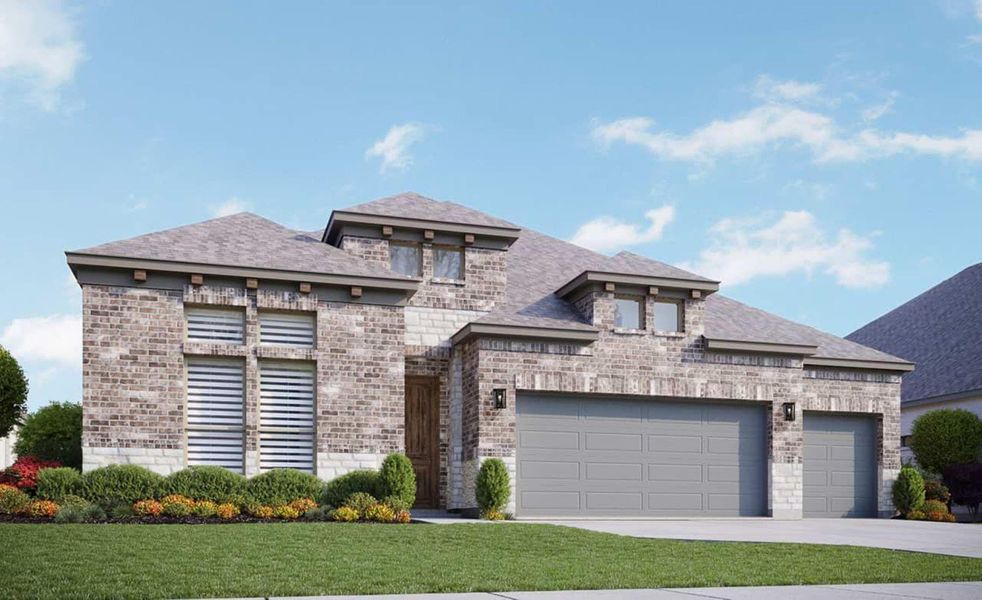 Front exterior of a new home in Sundance Cove, Crosby, TX, highlighting curb appeal (Image 1).