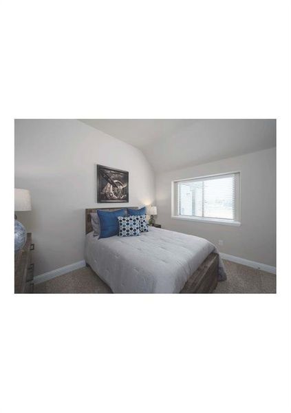 Carpeted bedroom with lofted ceiling