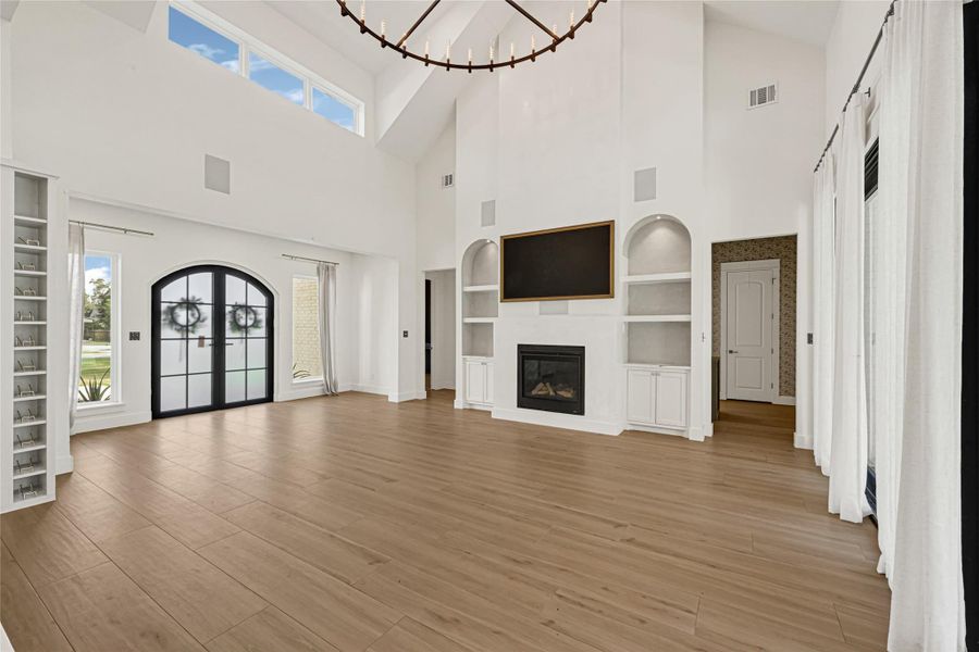 Built in speakers for entertainment and cozy fireplace.