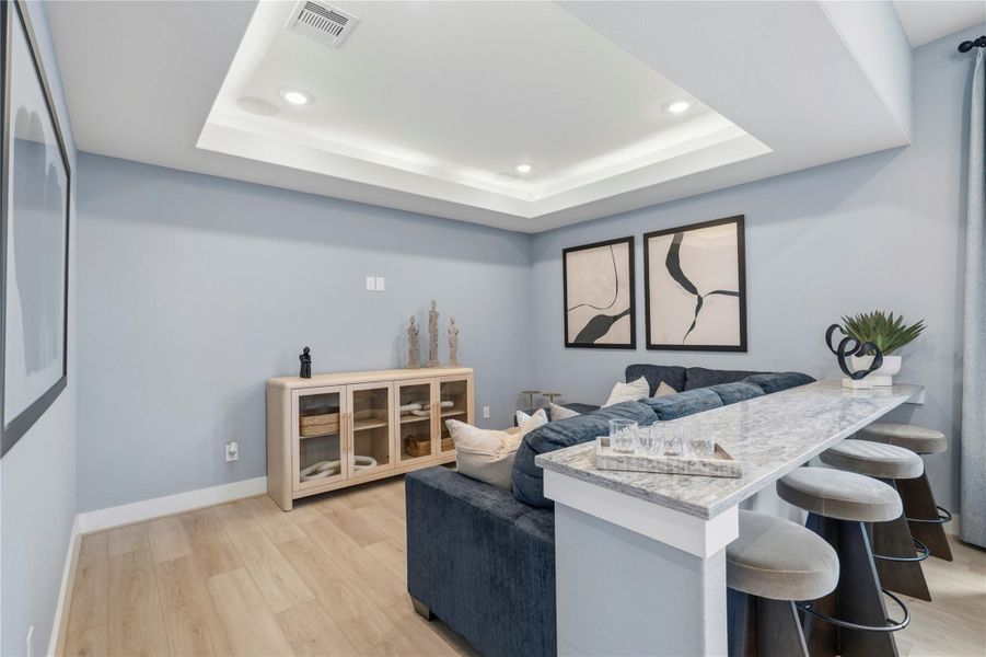Modern and spacious media room area with coffered ceilings Modern and spacious media room area with coffered ceilings