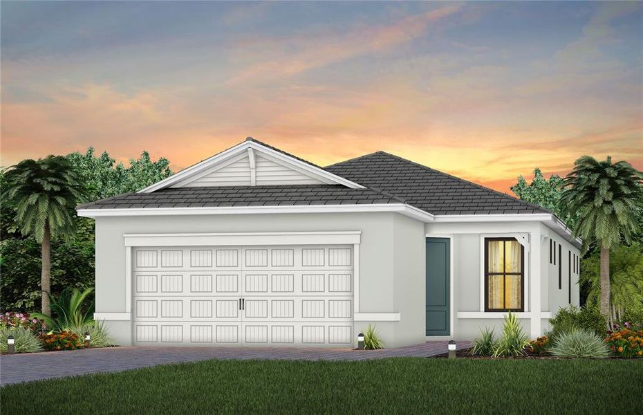 Front exterior of a new home in Del Webb Catalina, Lakewood Ranch, FL, highlighting curb appeal (Image 1). Front exterior of a new home in Del Webb Catalina, Lakewood Ranch, FL, highlighting curb appeal (Image 1).