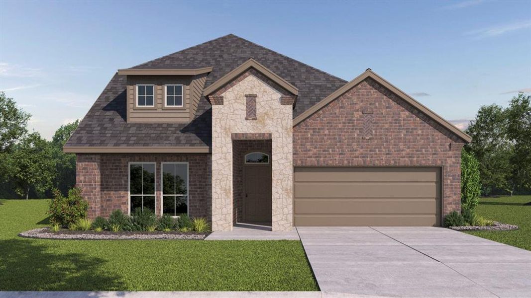 Front exterior of a new home in Madera, Royse City, TX, highlighting curb appeal (Image 1). Front exterior of a new home in Madera, Royse City, TX, highlighting curb appeal (Image 1).