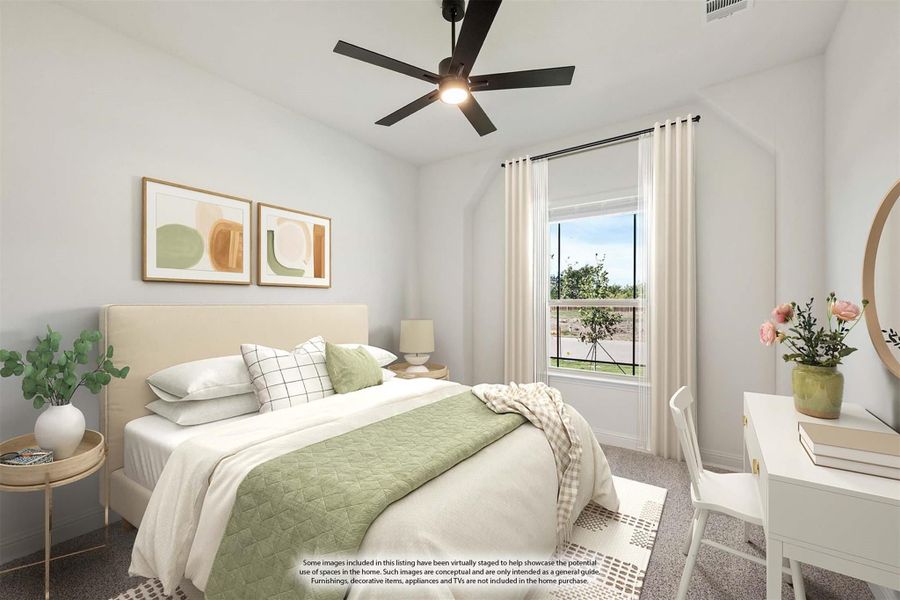 Bedroom with ceiling fan, carpeted floor, large window, and white desk area Bedroom with ceiling fan, carpeted floor, large window, and white desk area