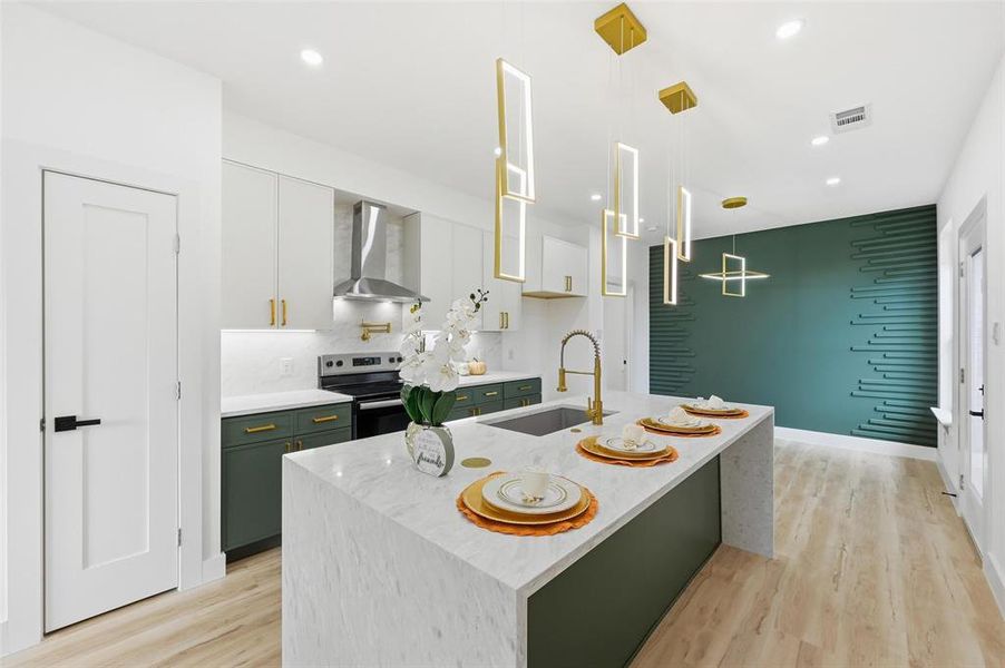 Designer lighting fixtures, waterfall island with seating Designer lighting fixtures, waterfall island with seating