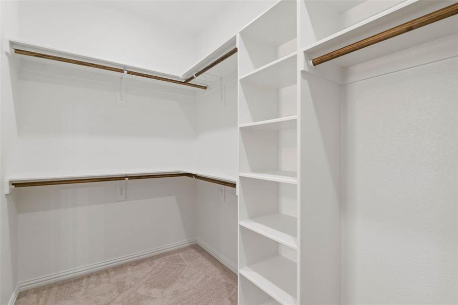 Walk in closet featuring light carpet