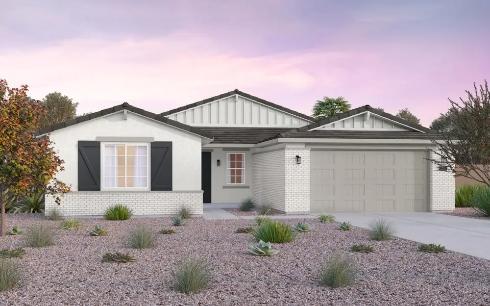 Representative exterior photo of a completed home built from the Lily by Brookfield Residential in Blossom Rock, Apache Junction, AZ (Image 1). Representative exterior photo of a completed home built from the Lily by Brookfield Residential in Blossom Rock, Apache Junction, AZ (Image 1).