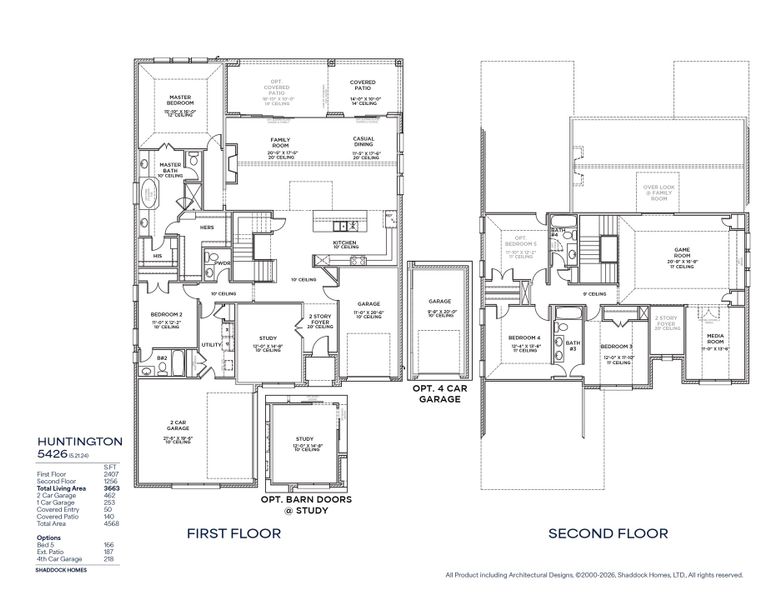 2D floor plan layout for the Huntington - SH 5426 by Shaddock Homes in Park Place - 80' Lots, Prosper, TX (Image 5).