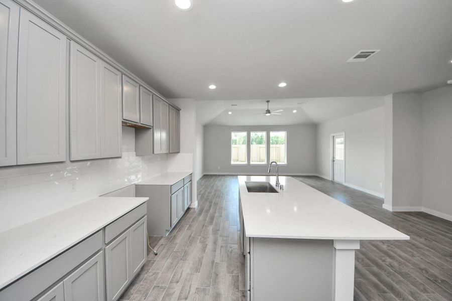 This kitchen is by far any chef’s dream! This spacious kitchen features high ceilings, light stained wood cabinets, granite countertop, SS appliances, modern tile backsplash, recessed lighting, extended counter space, granite kitchen island with double sink, and space for breakfast bar, and a walk-in pantry all overlooking your huge family room. Sample photo of completed home with similar floor plan. Actual colors and selections may vary.