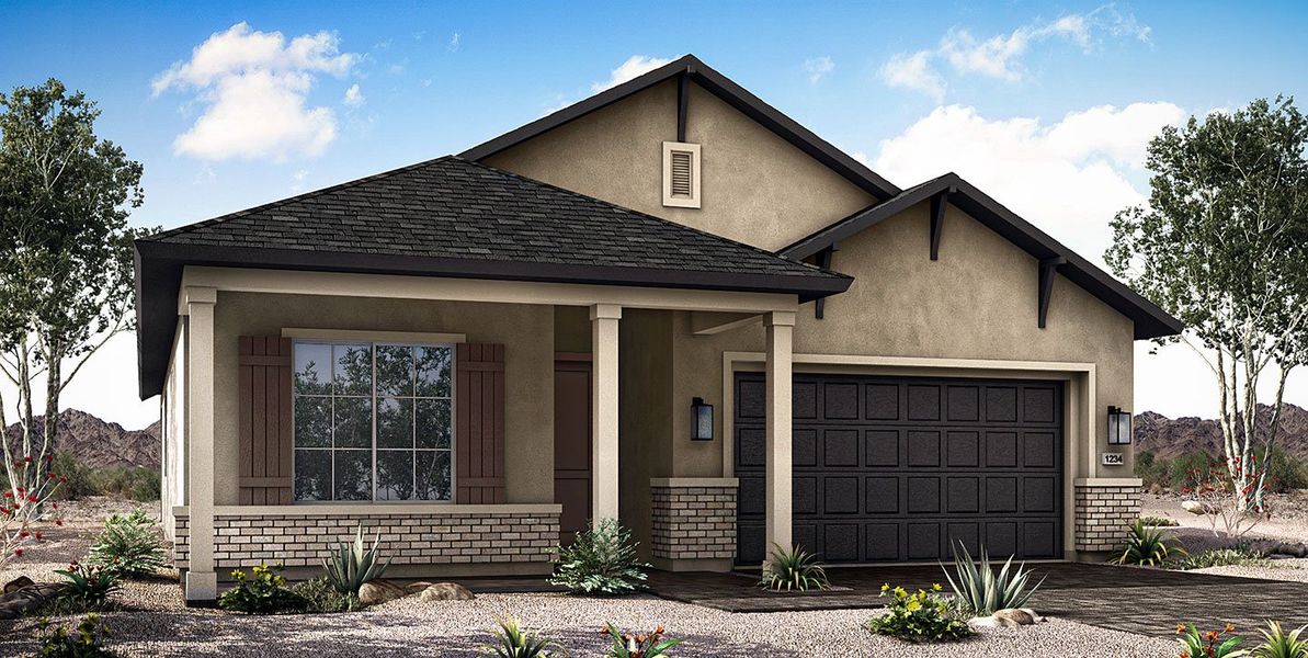 Front exterior of a new home in Horizon at The Dells, Prescott, AZ, highlighting curb appeal (Image 7).