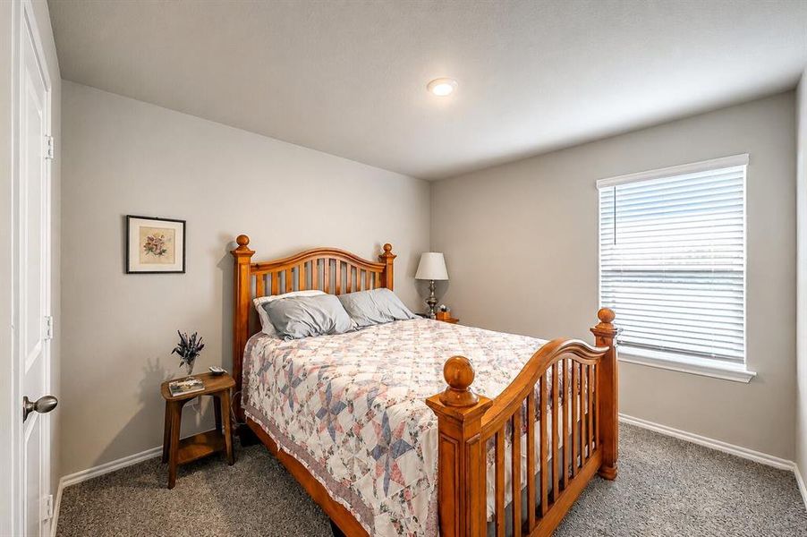 Carpeted bedroom with neutral wall tones and a single window featuring blinds