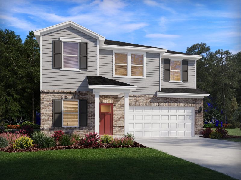 Front exterior of a new home in The Heritage at Buffaloe Reserve, Raleigh, NC, highlighting curb appeal (Image 1). Front exterior of a new home in The Heritage at Buffaloe Reserve, Raleigh, NC, highlighting curb appeal (Image 1).