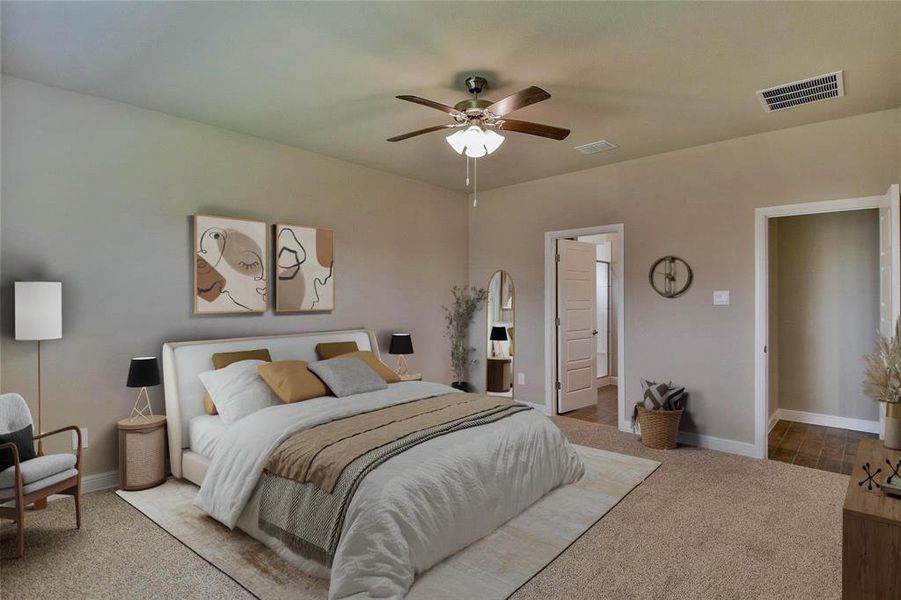 Bedroom with carpet floors and ceiling fan Bedroom with carpet floors and ceiling fan
