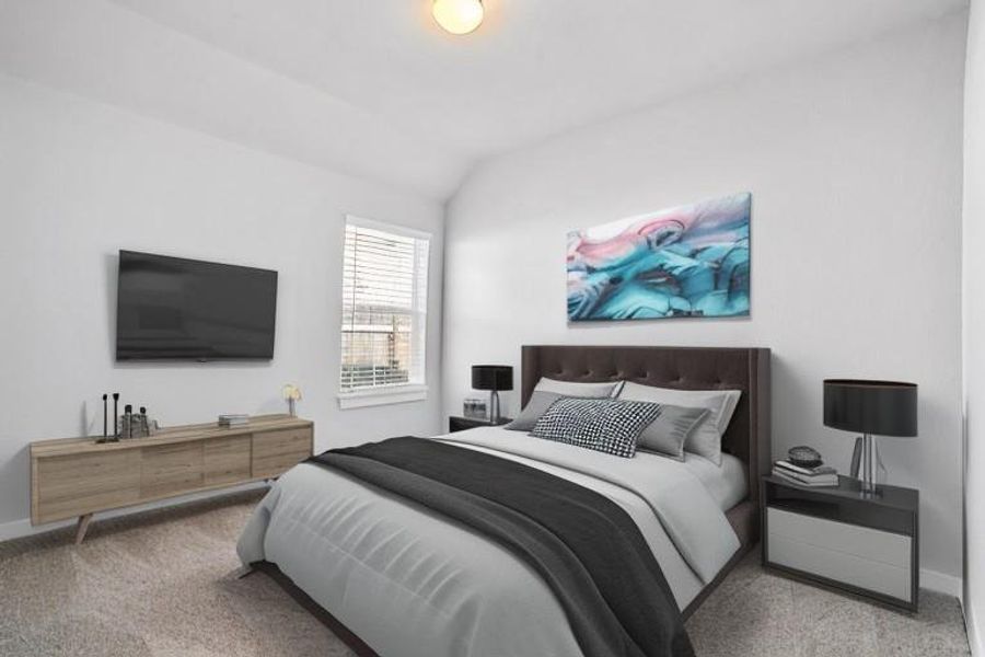 Secondary bedroom features plush carpet, neutral paint, lighting and large window with privacy blinds.