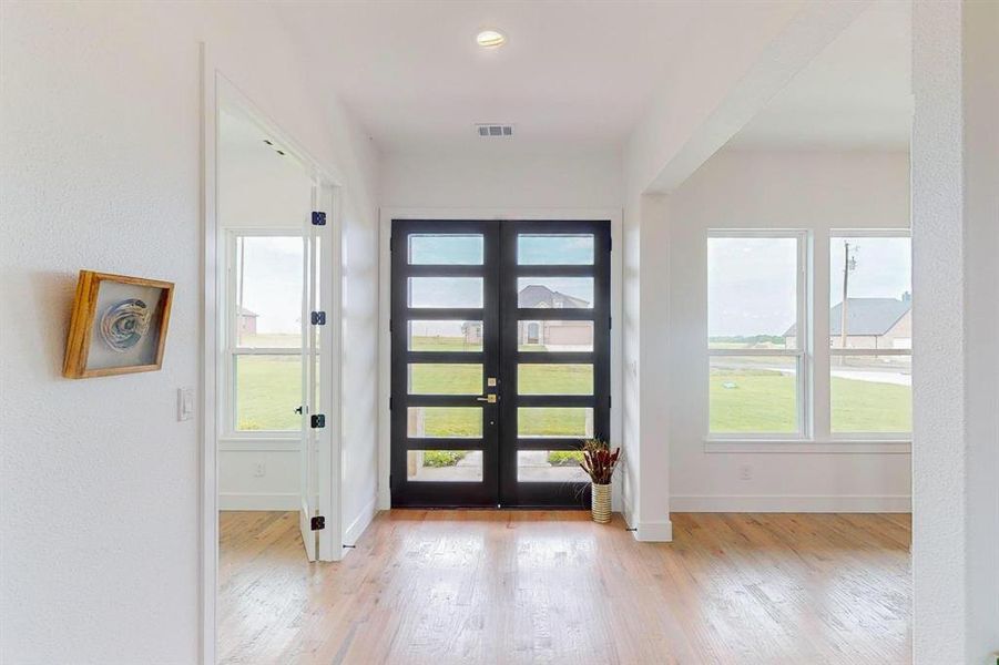 Foyer entrance featuring light hardwood / wood-style flooring, french doors, and a healthy amount of sunlight