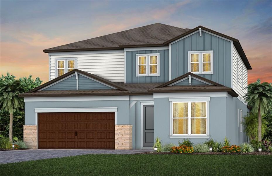 Front exterior of a new home in Vida's Way, Wesley Chapel, FL, highlighting curb appeal (Image 1). Front exterior of a new home in Vida's Way, Wesley Chapel, FL, highlighting curb appeal (Image 1).