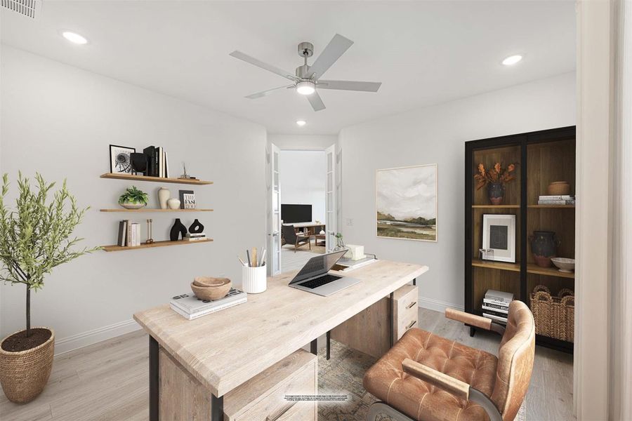 Home office with wood desk, leather chair, floating shelves, and ceiling fan Home office with wood desk, leather chair, floating shelves, and ceiling fan