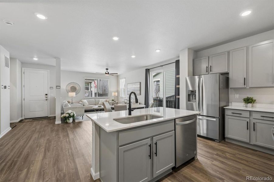 Soft grey cabinetry with soft close cabinets and drawers