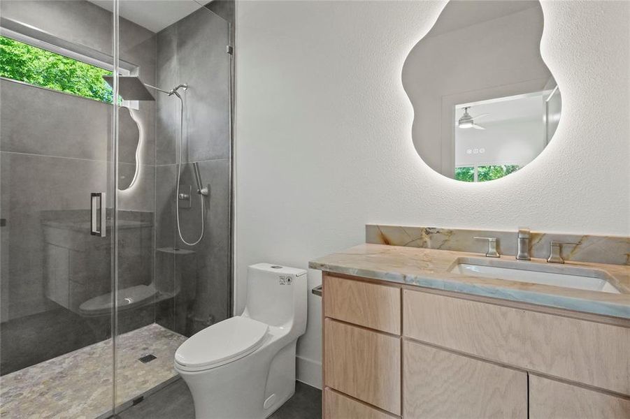 Full bathroom featuring vanity, a stall shower, and ceiling fan Full bathroom featuring vanity, a stall shower, and ceiling fan