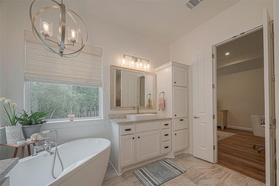 Granite countertops, Vessel sinks, free-standing tub...all with a view