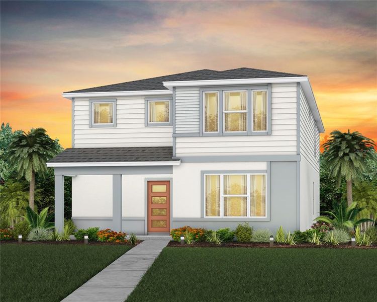 Front exterior of a new home in EverBe, Orlando, FL, highlighting curb appeal (Image 1). Front exterior of a new home in EverBe, Orlando, FL, highlighting curb appeal (Image 1).