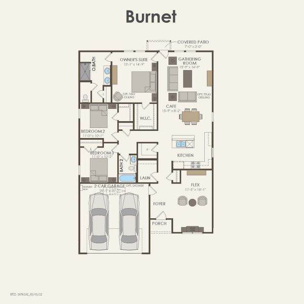 2D floor plan layout for the Burnet by Pulte Homes in Parks of Village Creek, Burleson, TX (Image 3).
