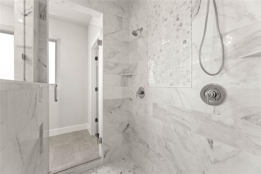 Bathroom with a marble finish shower Bathroom with a marble finish shower