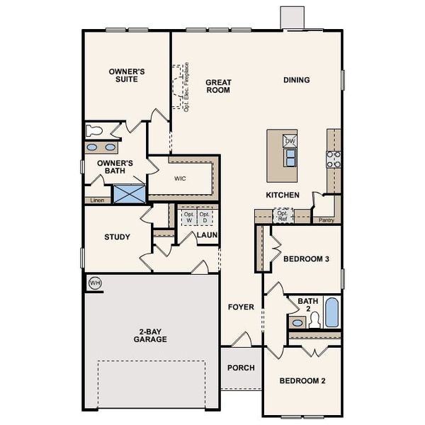 2D floor plan layout of this home in Blue Sky Meadows, Monroe, NC (Image 2).
