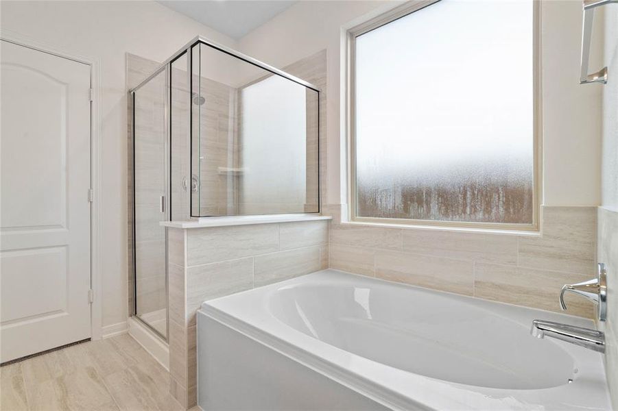 Another view of the primary bathroom featuring the walk-in shower and oversized garden tub.