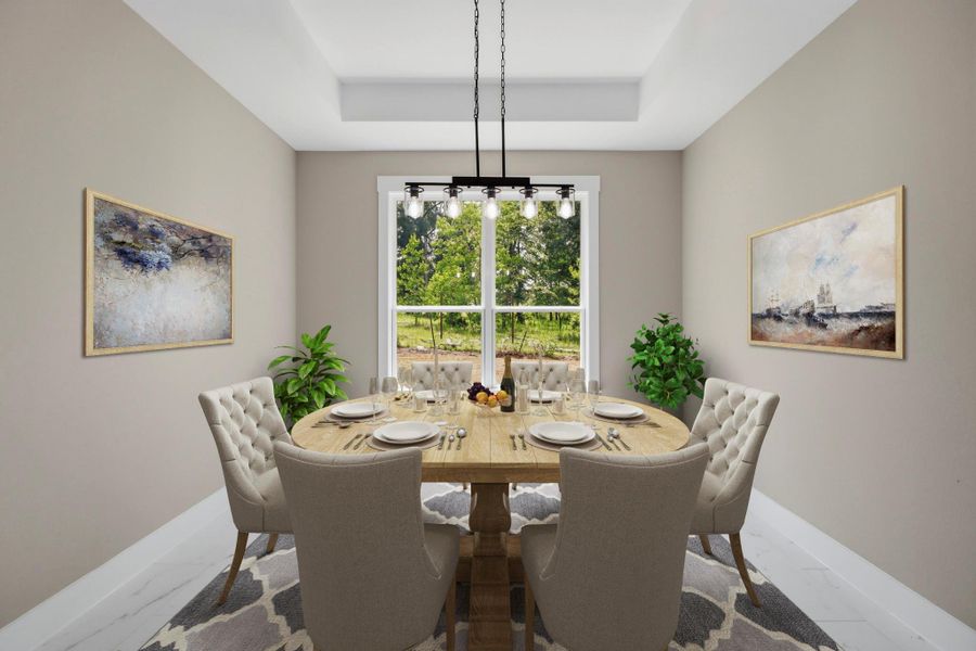 Virtually Staged: Host in style in this elegant dining room featuring a sophisticated architectural tray ceiling and a modern black linear chandelier. A large window frames serene, wooded views of the property. Virtually Staged: Host in style in this elegant dining room featuring a sophisticated architectural tray ceiling and a modern black linear chandelier. A large window frames serene, wooded views of the property.