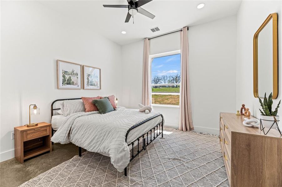 Bedroom with light carpet, recessed lighting, and ceiling fan Bedroom with light carpet, recessed lighting, and ceiling fan