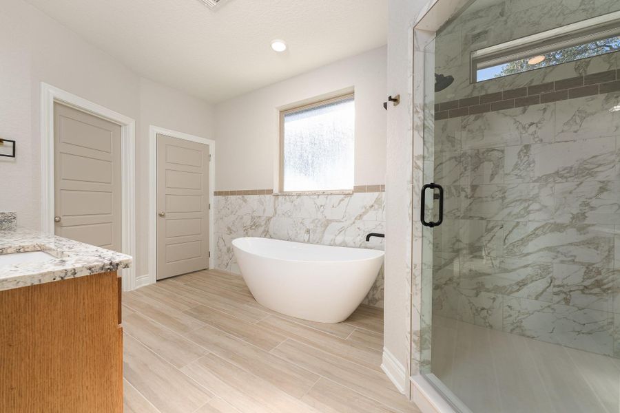 Bathroom with vanity, a freestanding bath, a marble finish shower, tile walls, and a wainscoted wall Bathroom with vanity, a freestanding bath, a marble finish shower, tile walls, and a wainscoted wall