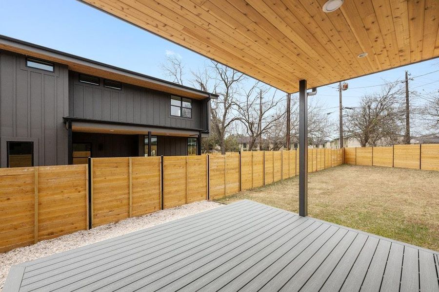 Wooden deck featuring a fenced backyard