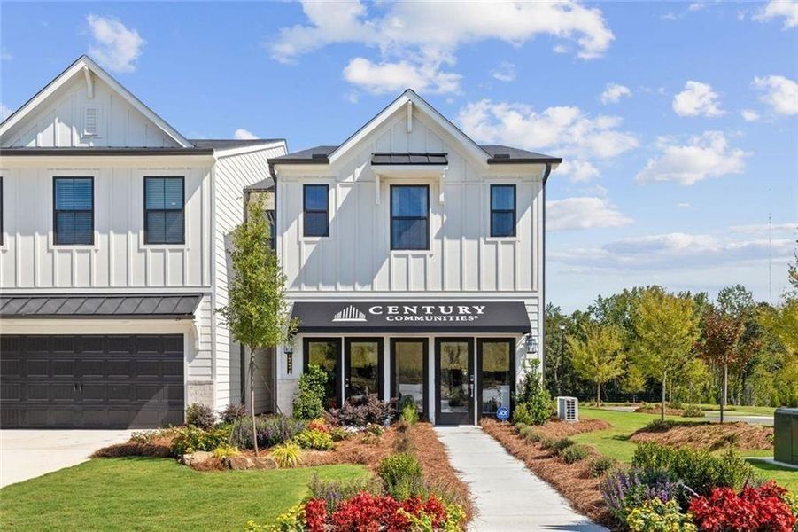Front exterior of a new home in Sherwood Square, Flowery Branch, GA, highlighting curb appeal (Image 2). Front exterior of a new home in Sherwood Square, Flowery Branch, GA, highlighting curb appeal (Image 2).