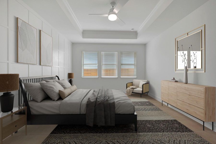 Spacious primary suite with decorative feature wall