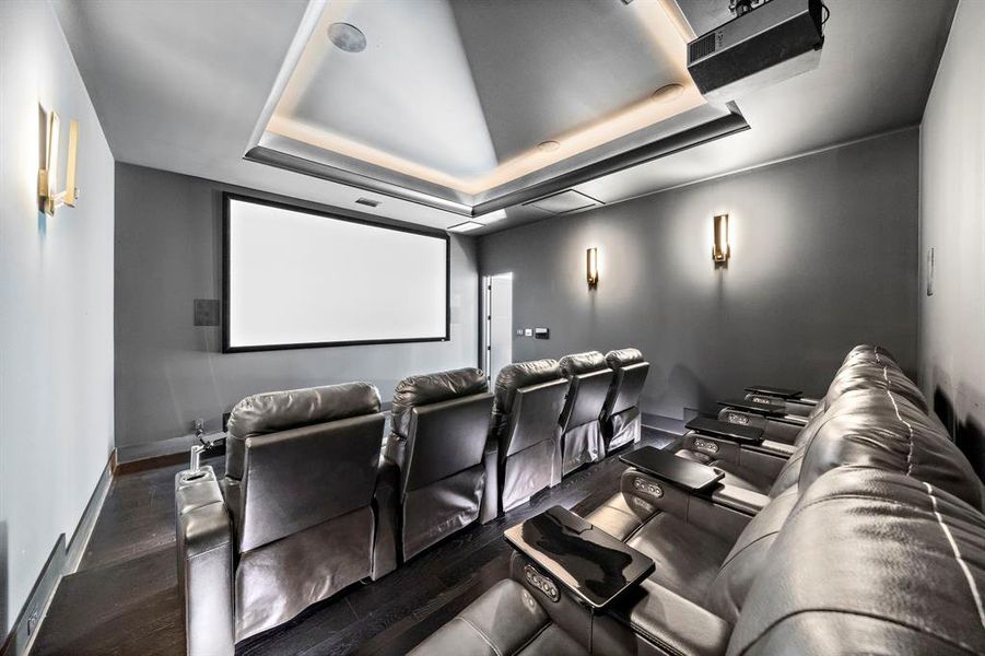 Top of the line media theatre room - 10-person electronic leather seating with lighting  150” Projection Screen  Built-in Lights at Risers and multiple floor plugs