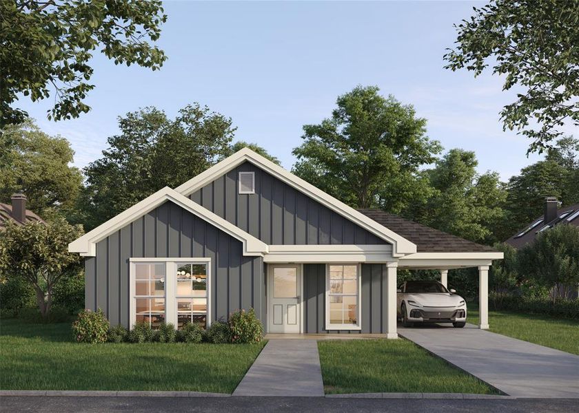 View of front facade featuring a front lawn and a carport