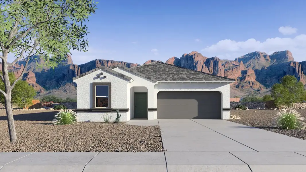 Front exterior of a new home in Anthem at Merrill Ranch, Florence, AZ, highlighting curb appeal (Image 1). Front exterior of a new home in Anthem at Merrill Ranch, Florence, AZ, highlighting curb appeal (Image 1).