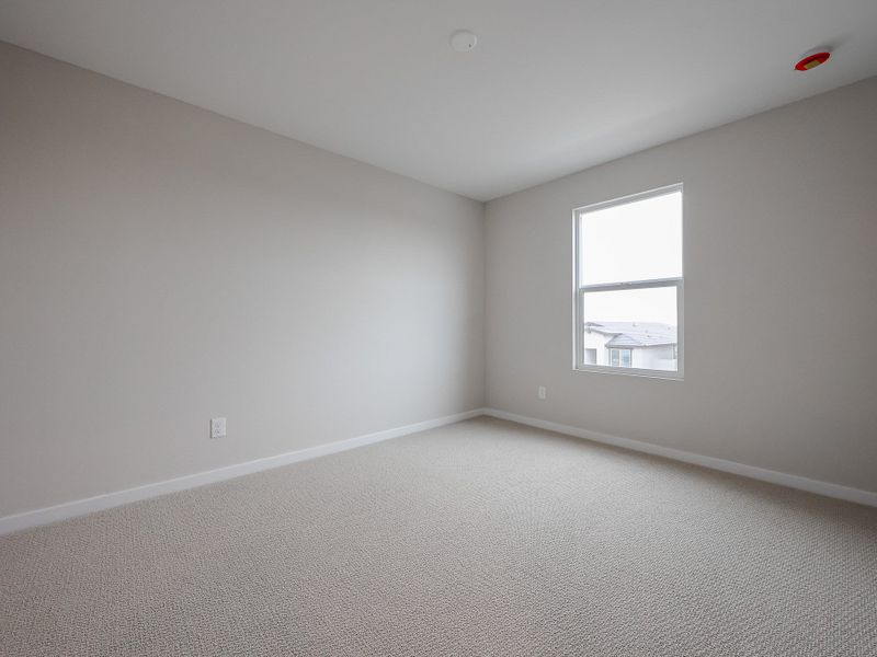A room with a carpet and a window.