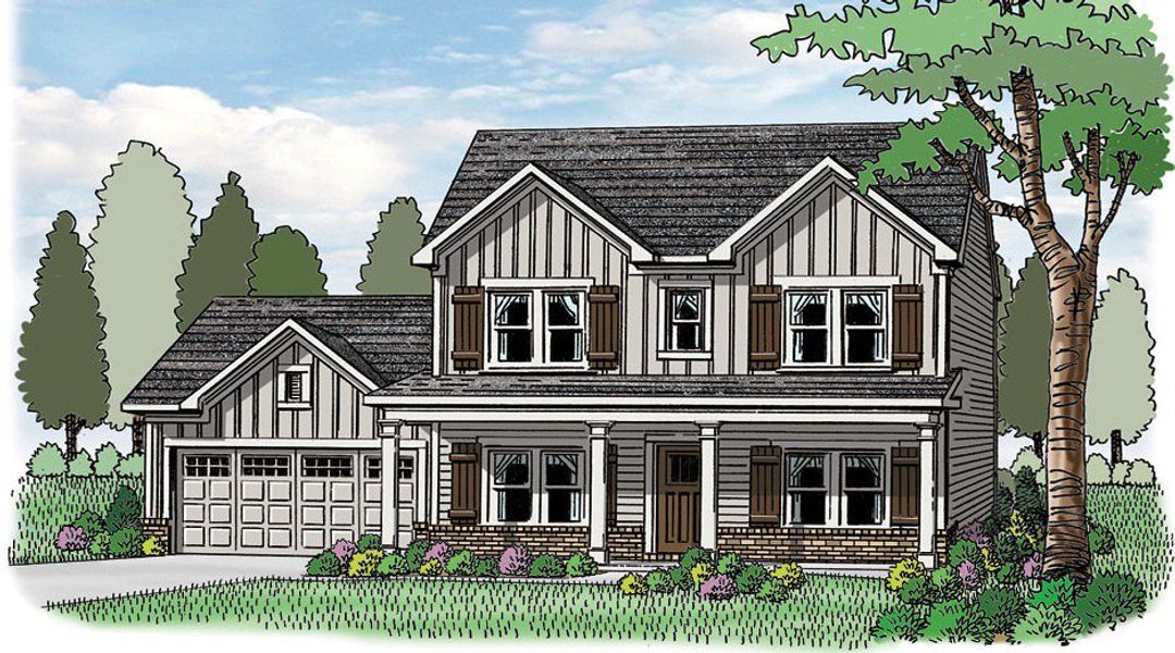 Front exterior of a new home in Calgary Downs, Winder, GA, highlighting curb appeal (Image 1).