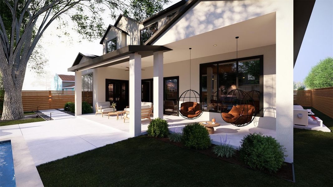 An inviting covered patio and outdoor lounging area create a seamless indoor-outdoor living experience.