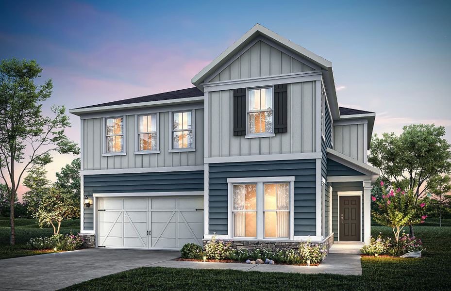 Representative exterior photo of a completed home built from the Leyton by Pulte Homes in Hunters Creek, Flowery Branch, GA (Image 20). Representative exterior photo of a completed home built from the Leyton by Pulte Homes in Hunters Creek, Flowery Branch, GA (Image 20).