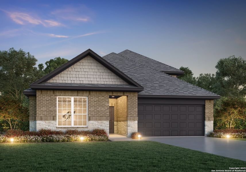 Front exterior of a new home in Cinco Lakes, San Antonio, TX, highlighting curb appeal (Image 1).
