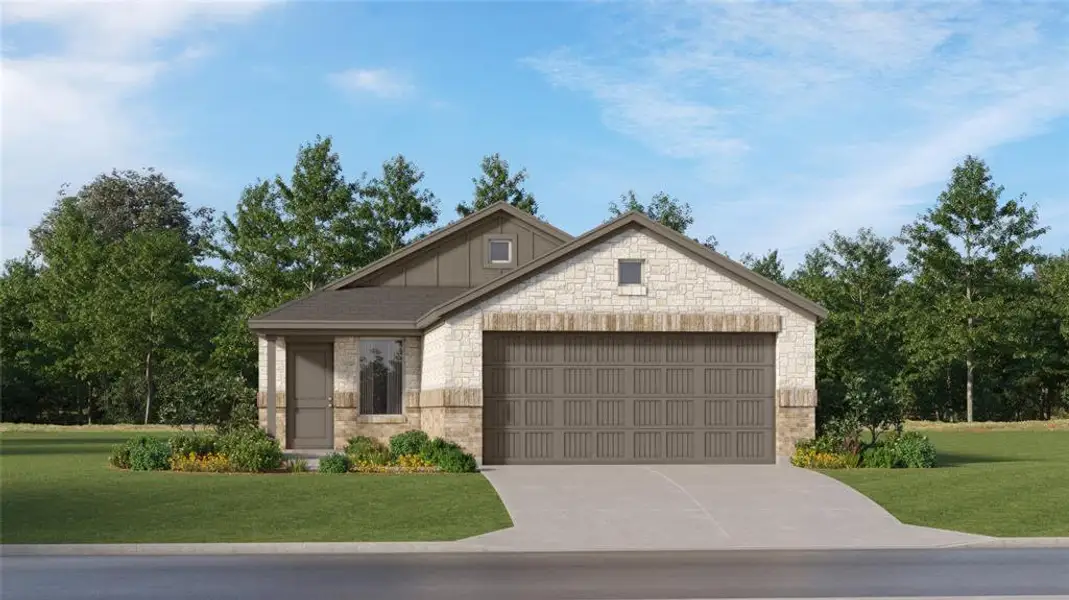 View of front of house with a front lawn and a garage