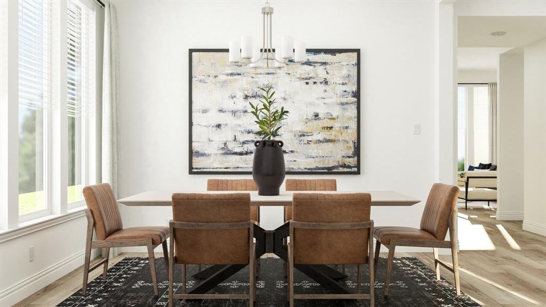 Dining space with a notable chandelier and hardwood / wood-style floors