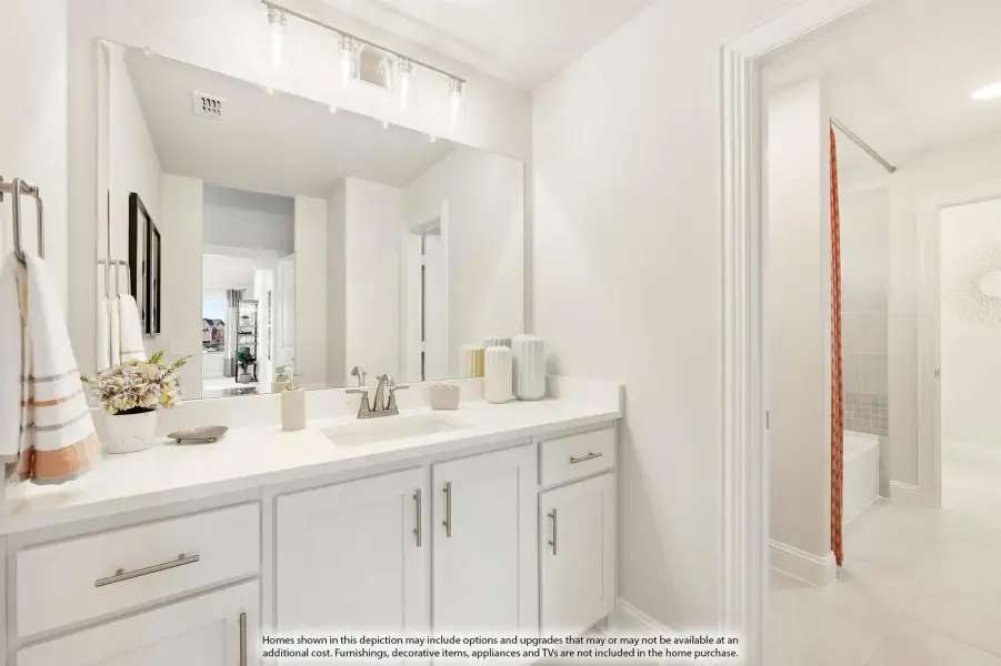 Bathroom with white vanity, single sink, large mirror, and separate tub and shower area visible through doorway.