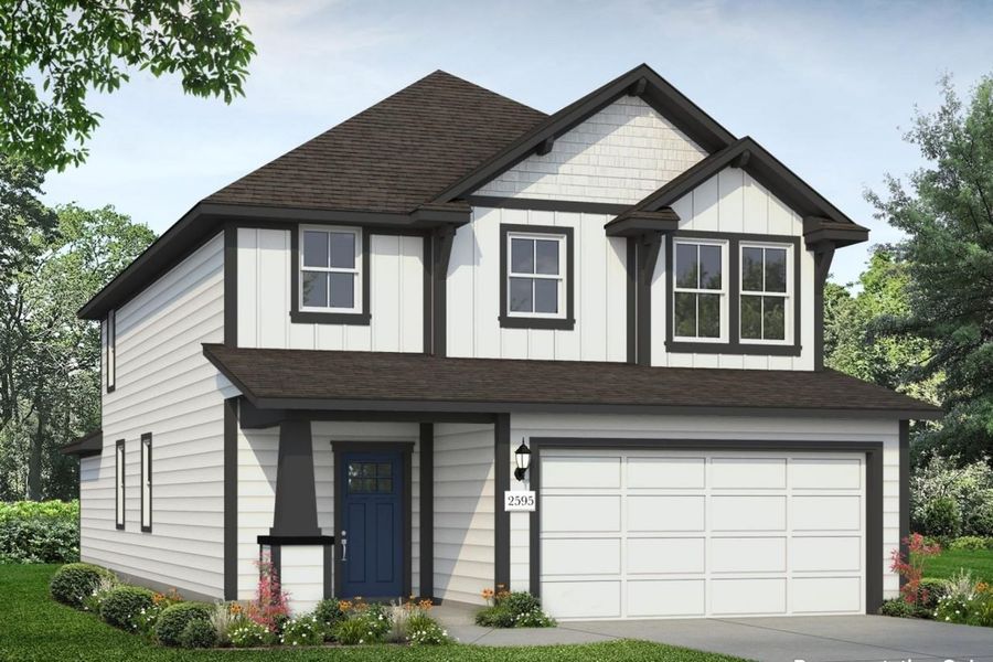 Front exterior of a new home in Durango, Mustang Ridge, TX, highlighting curb appeal (Image 1). Front exterior of a new home in Durango, Mustang Ridge, TX, highlighting curb appeal (Image 1).