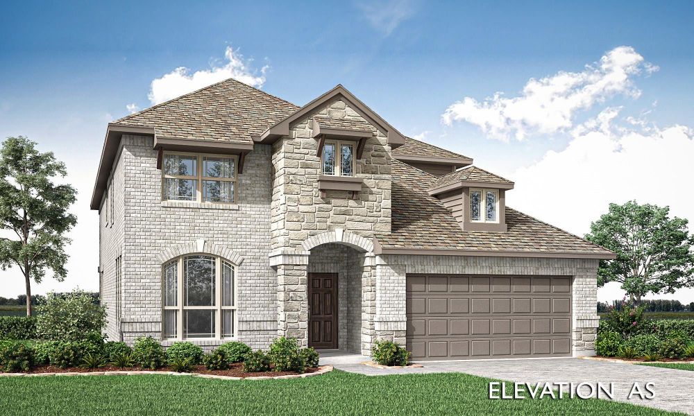 Two-story home with stone and brick exterior, arched entry, and two-car garage Two-story home with stone and brick exterior, arched entry, and two-car garage
