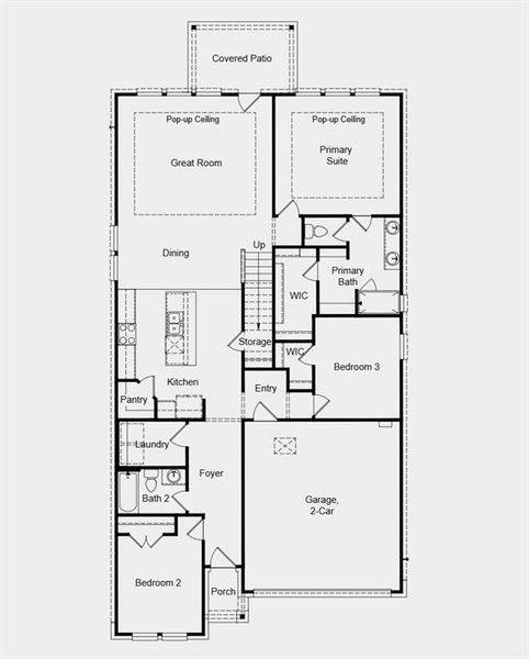 First Floor Plan - Additional highlights include: washer and dryer included, pop-up ceilings in the primary bedroom and great room, covered back patio, and whole house blinds