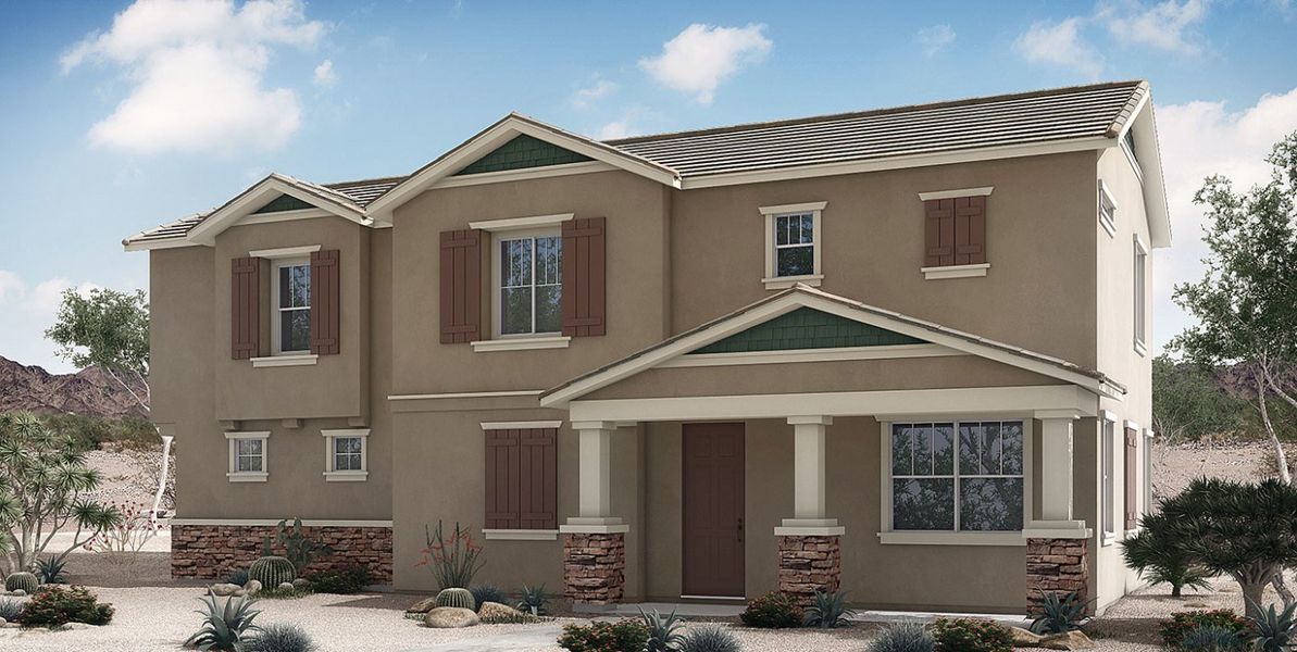 Front exterior of a new home in Ironwood Villages at North Creek, Queen Creek, AZ, highlighting curb appeal (Image 4).