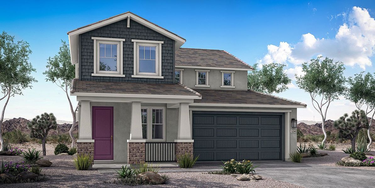 Front exterior of a new home in Mesquite at North Creek, Queen Creek, AZ, highlighting curb appeal (Image 21). Front exterior of a new home in Mesquite at North Creek, Queen Creek, AZ, highlighting curb appeal (Image 21).